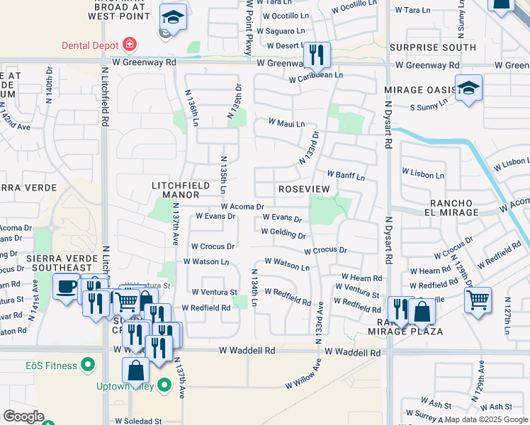 map of restaurants, bars, coffee shops, grocery stores, and more near 13454 West Evans Drive in Surprise