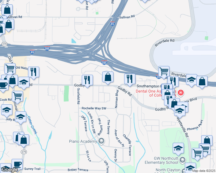 map of restaurants, bars, coffee shops, grocery stores, and more near 2106 Godby Road in Atlanta