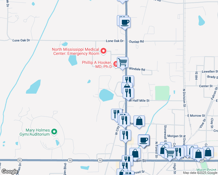 map of restaurants, bars, coffee shops, grocery stores, and more near 909 West Loop Drive in West Point