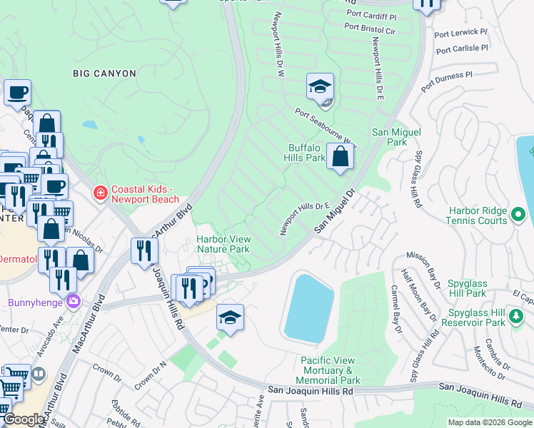 map of restaurants, bars, coffee shops, grocery stores, and more near 1935 Port Bishop Place in Newport Beach