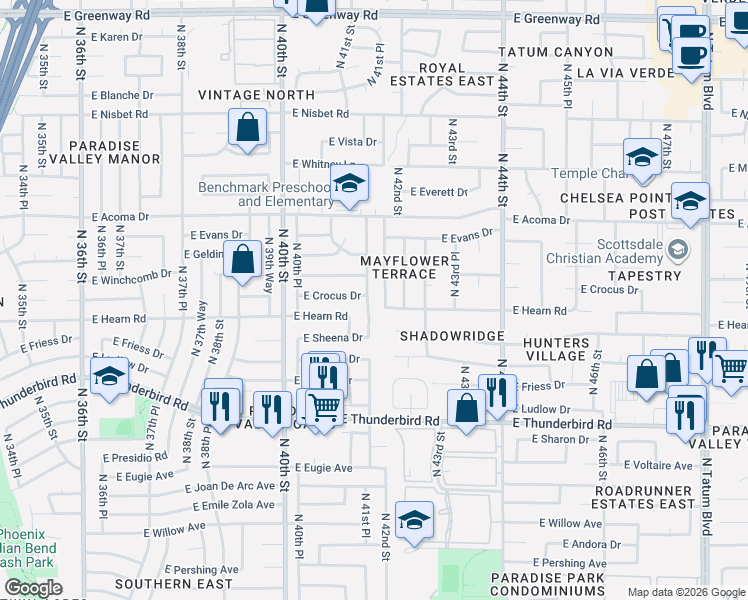 map of restaurants, bars, coffee shops, grocery stores, and more near 14231 North 42nd Street in Phoenix
