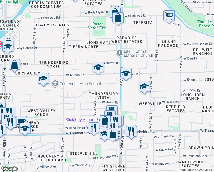 map of restaurants, bars, coffee shops, grocery stores, and more near 7615 West Acoma Drive in Peoria
