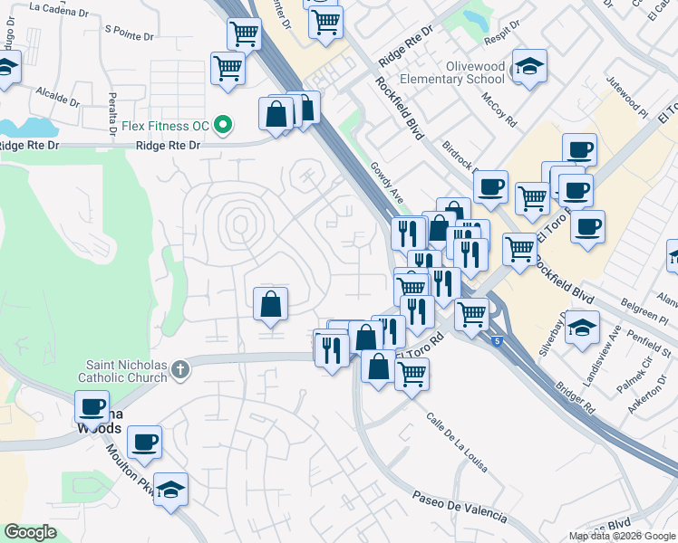 map of restaurants, bars, coffee shops, grocery stores, and more near 2105 Ronda Granada in Laguna Woods