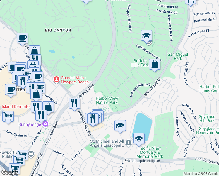 map of restaurants, bars, coffee shops, grocery stores, and more near 1836 Port Stanhope Place in Newport Beach