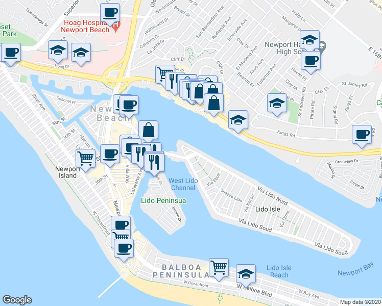 map of restaurants, bars, coffee shops, grocery stores, and more near 102 Via Lido Soud in Newport Beach
