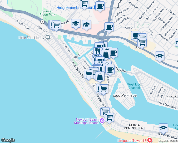 map of restaurants, bars, coffee shops, grocery stores, and more near in Newport Beach