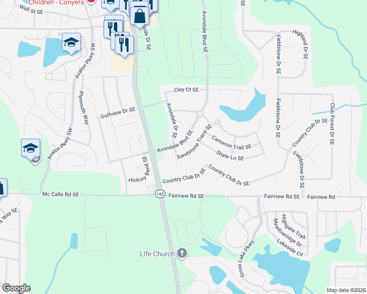 map of restaurants, bars, coffee shops, grocery stores, and more near 3026 Avondale Boulevard Southeast in Conyers