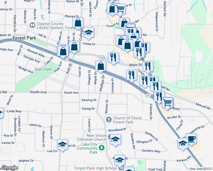 map of restaurants, bars, coffee shops, grocery stores, and more near 1025 Cheaves Drive in Forest Park
