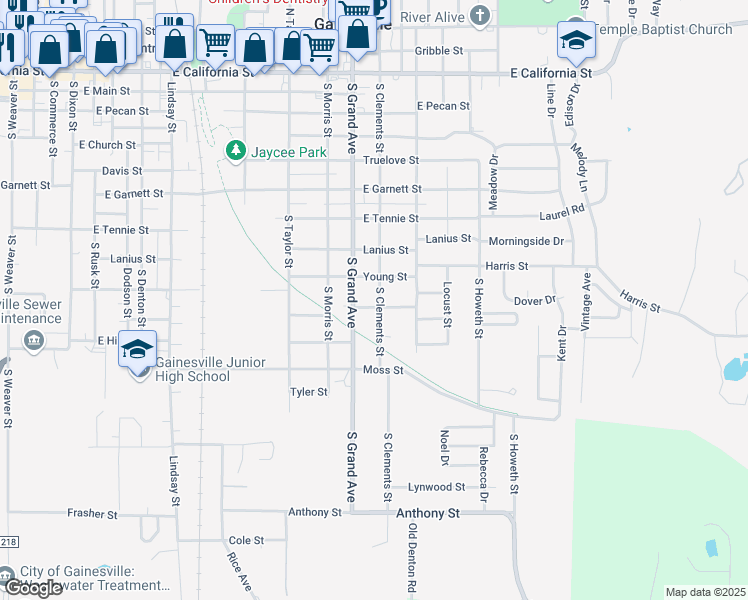 map of restaurants, bars, coffee shops, grocery stores, and more near 915 South Clements Street in Gainesville