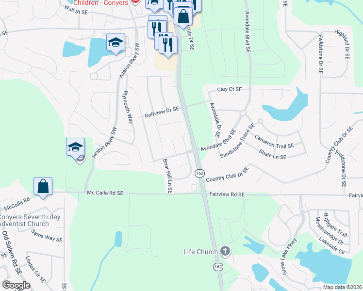 map of restaurants, bars, coffee shops, grocery stores, and more near 2798 Country Court Southeast in Conyers