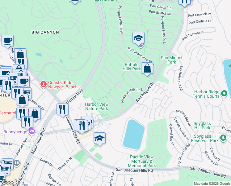 map of restaurants, bars, coffee shops, grocery stores, and more near 1935 Port Bishop Place in Newport Beach