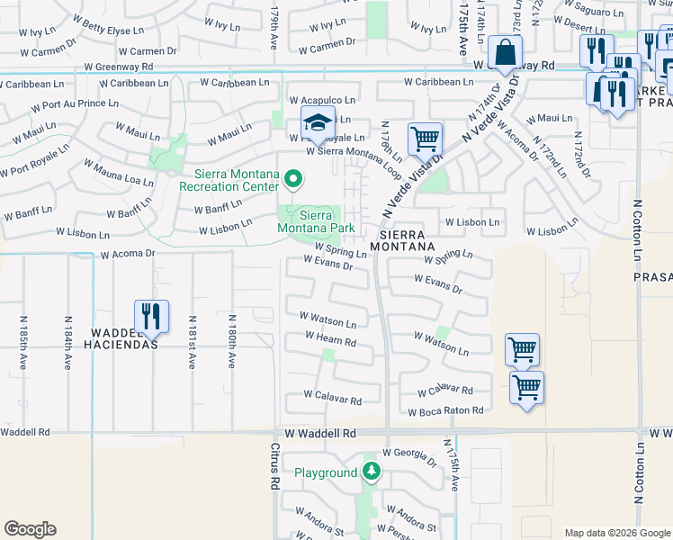 map of restaurants, bars, coffee shops, grocery stores, and more near 17792 West Evans Drive in Surprise