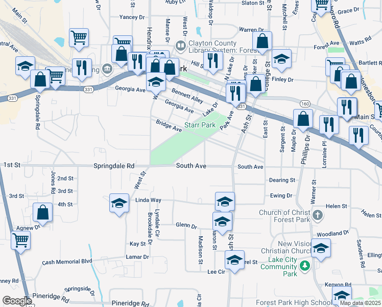 map of restaurants, bars, coffee shops, grocery stores, and more near 5074 Park Avenue in Forest Park