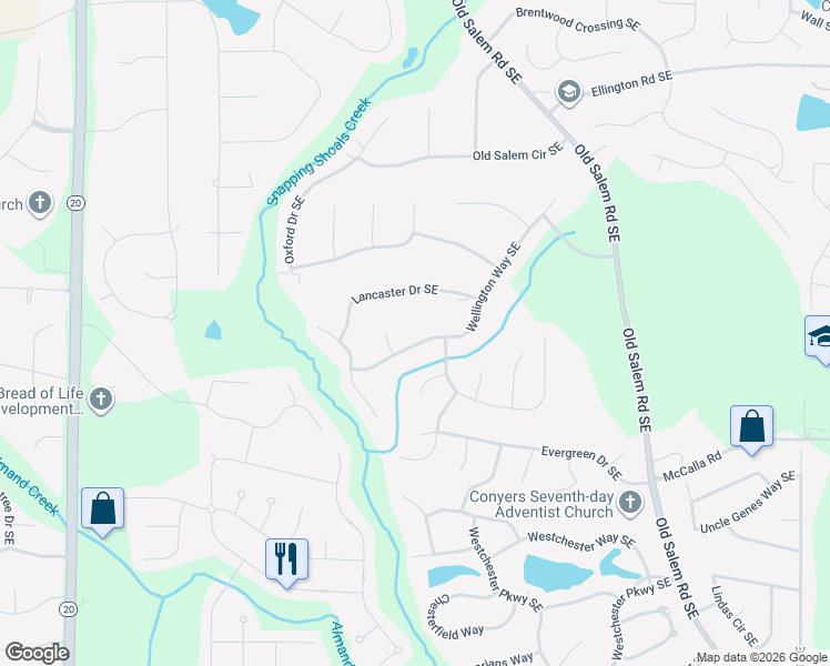 map of restaurants, bars, coffee shops, grocery stores, and more near 2801 Wellington Way Southeast in Conyers