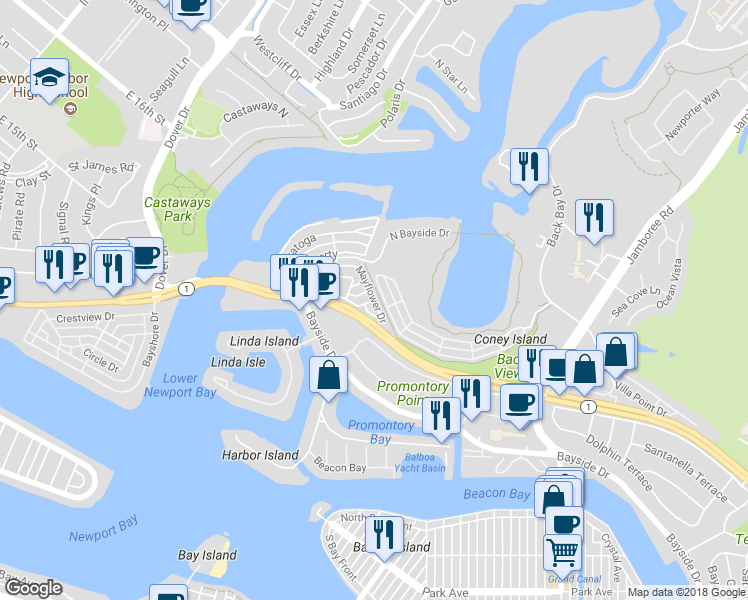 map of restaurants, bars, coffee shops, grocery stores, and more near 250 Mayflower Drive in Newport Beach