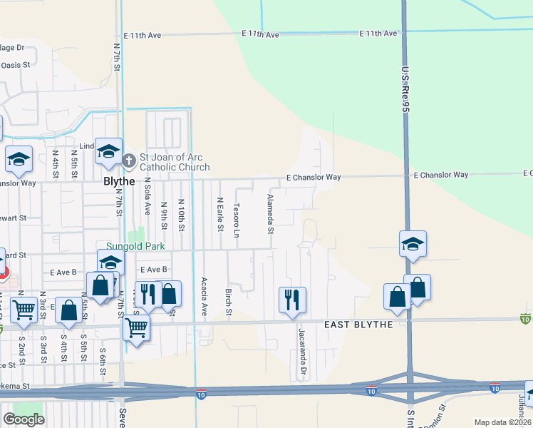 map of restaurants, bars, coffee shops, grocery stores, and more near 411 Alameda Street in Blythe