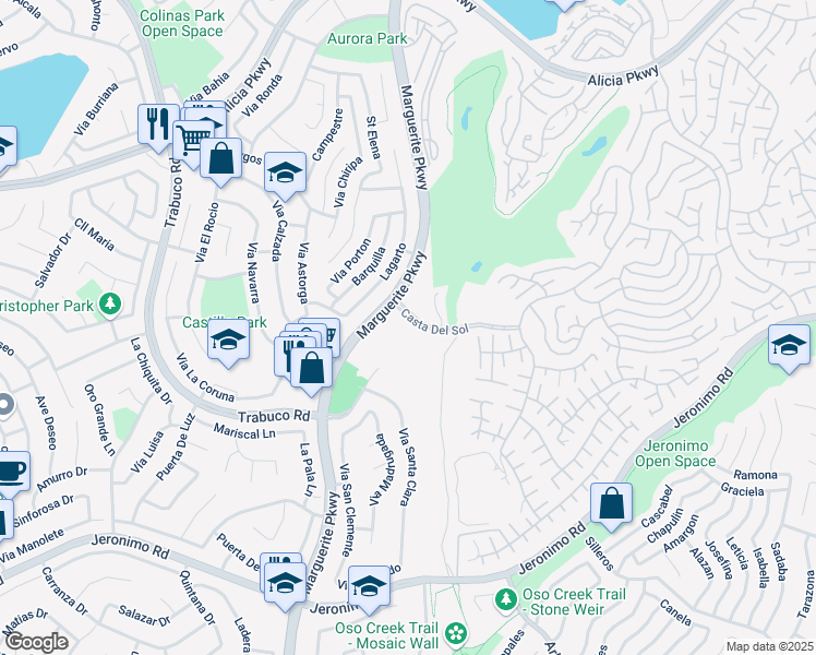 map of restaurants, bars, coffee shops, grocery stores, and more near 27474 Casta Del Sol in Mission Viejo