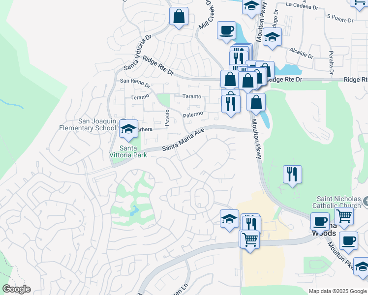 map of restaurants, bars, coffee shops, grocery stores, and more near 3093 Via Serena North in Laguna Hills