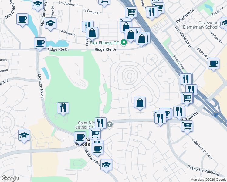 map of restaurants, bars, coffee shops, grocery stores, and more near 2353 Via Mariposa East in Laguna Woods