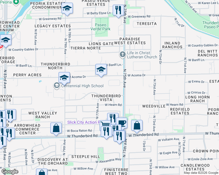map of restaurants, bars, coffee shops, grocery stores, and more near 7615 West Acoma Drive in Peoria