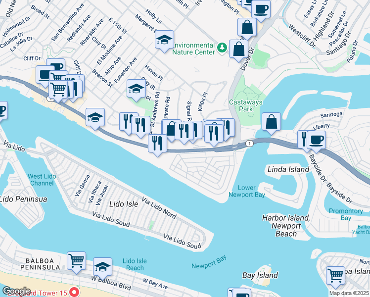 map of restaurants, bars, coffee shops, grocery stores, and more near 910 West Coast Highway in Newport Beach