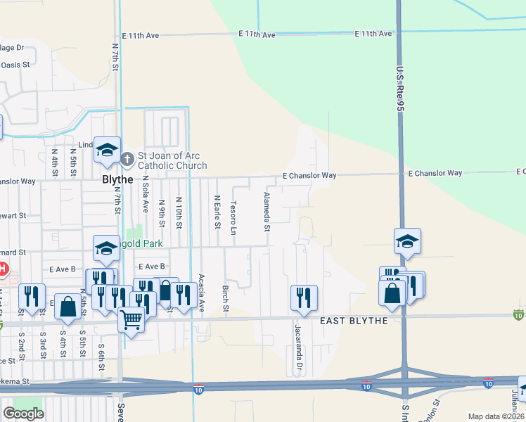 map of restaurants, bars, coffee shops, grocery stores, and more near 411 Alameda St in Blythe