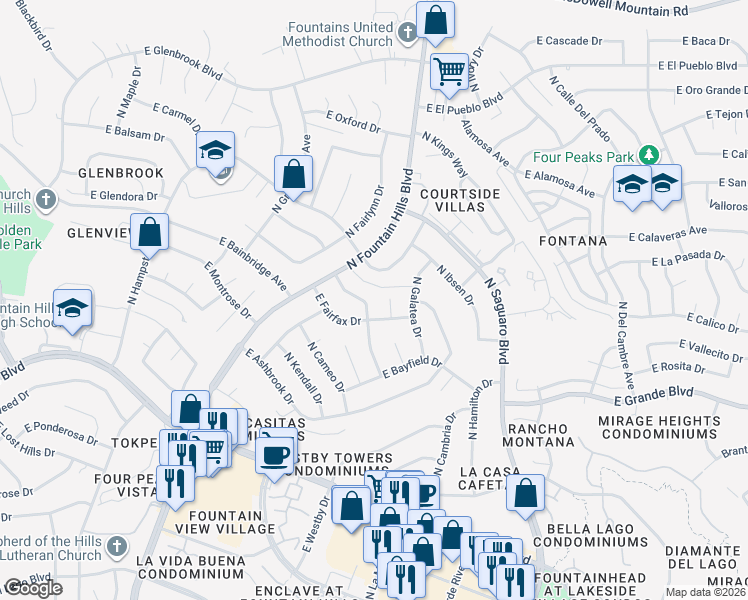 map of restaurants, bars, coffee shops, grocery stores, and more near 14229 North Edgeworth Drive in Fountain Hills