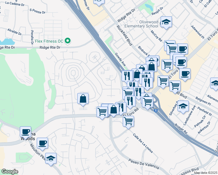 map of restaurants, bars, coffee shops, grocery stores, and more near 2103 Ronda Granada in Laguna Woods