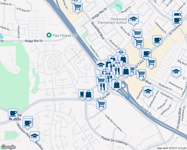 map of restaurants, bars, coffee shops, grocery stores, and more near 2152 Ronda Granada in Laguna Woods