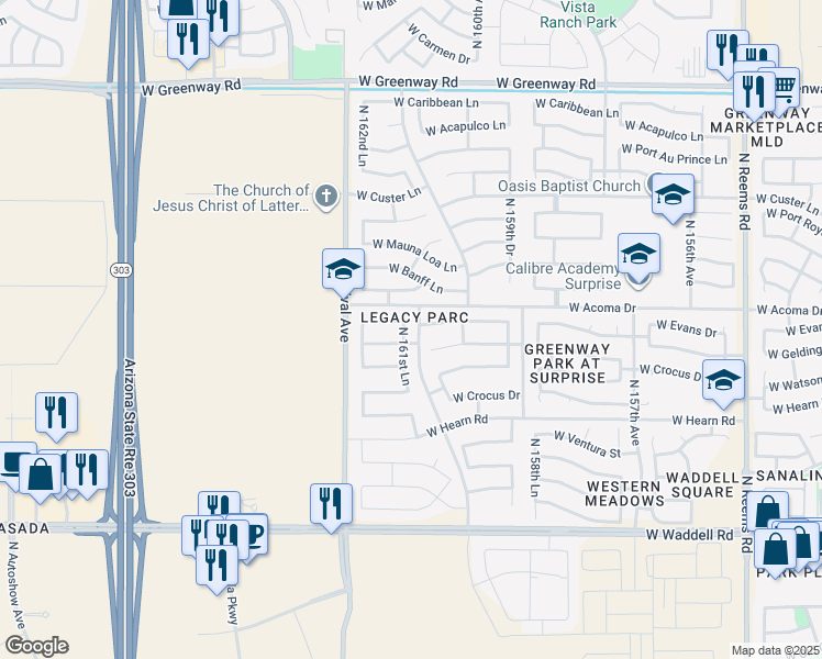 map of restaurants, bars, coffee shops, grocery stores, and more near 14529 North 161st Lane in Surprise