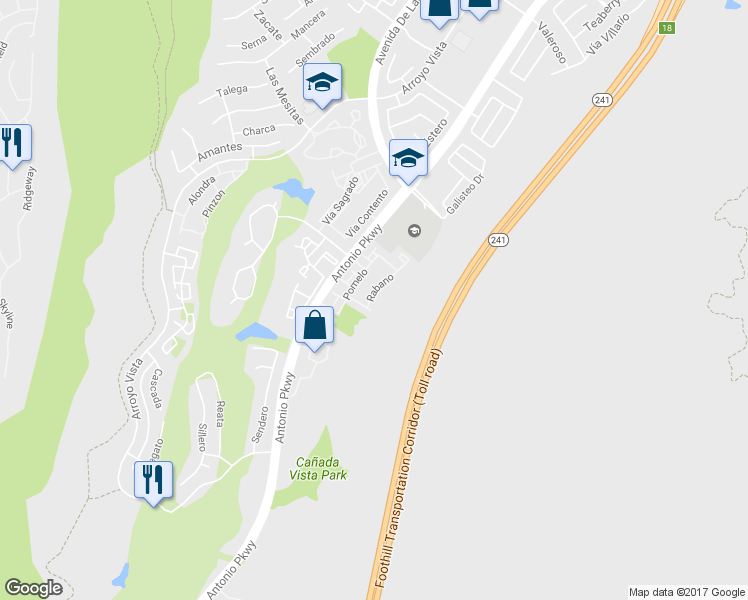 map of restaurants, bars, coffee shops, grocery stores, and more near 94 Rabano in Rancho Santa Margarita