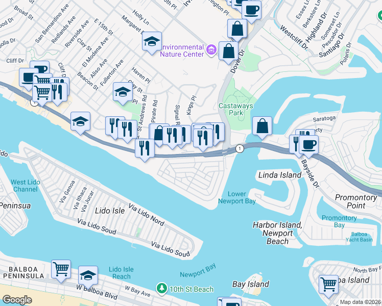 map of restaurants, bars, coffee shops, grocery stores, and more near 600 West Coast Highway in Newport Beach