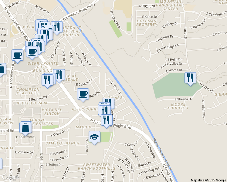 map of restaurants, bars, coffee shops, grocery stores, and more near 10058 East Redfield Drive in Scottsdale