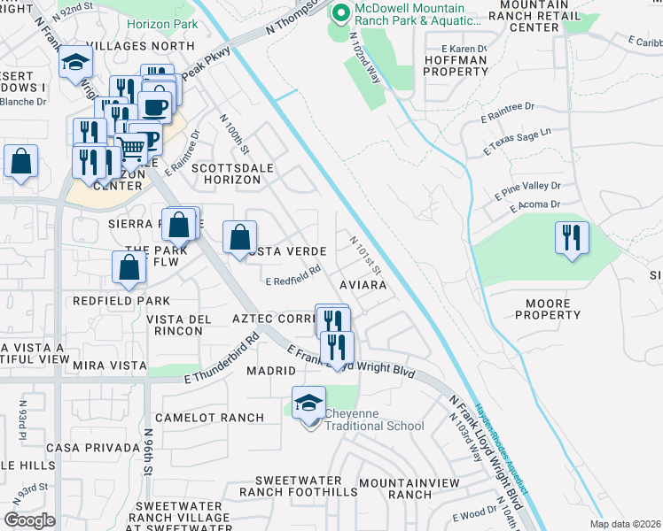 map of restaurants, bars, coffee shops, grocery stores, and more near 14375 North 100th Way in Scottsdale
