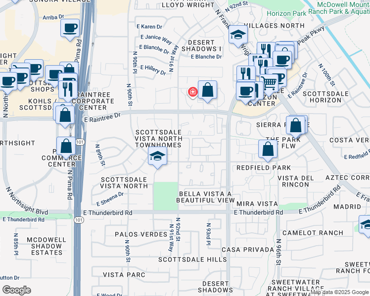 map of restaurants, bars, coffee shops, grocery stores, and more near 9240 East Redfield Road in Scottsdale
