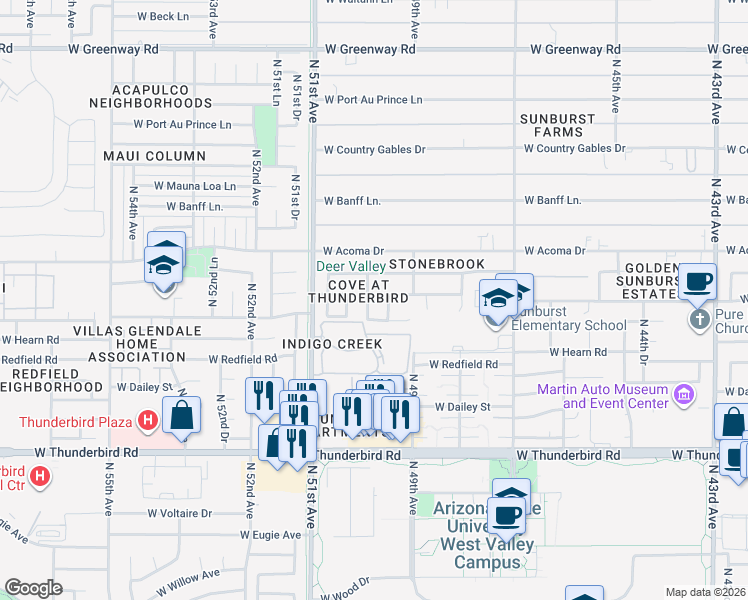 map of restaurants, bars, coffee shops, grocery stores, and more near 14254 North 49th Drive in Glendale