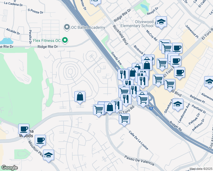 map of restaurants, bars, coffee shops, grocery stores, and more near 2145 Ronda Granada in Laguna Woods