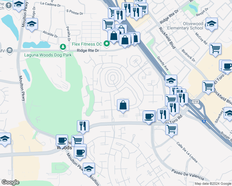 map of restaurants, bars, coffee shops, grocery stores, and more near 2310 Via Puerta in Laguna Woods