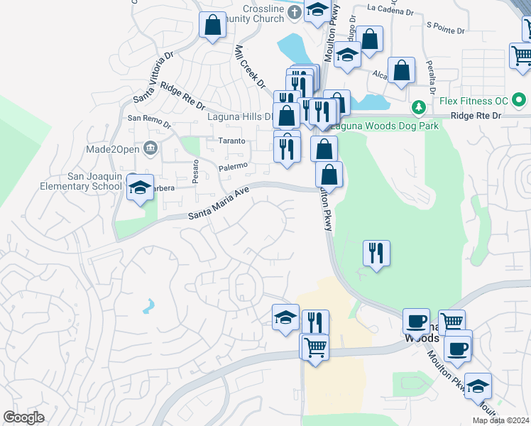 map of restaurants, bars, coffee shops, grocery stores, and more near 3120 Via Serena North in Laguna Woods