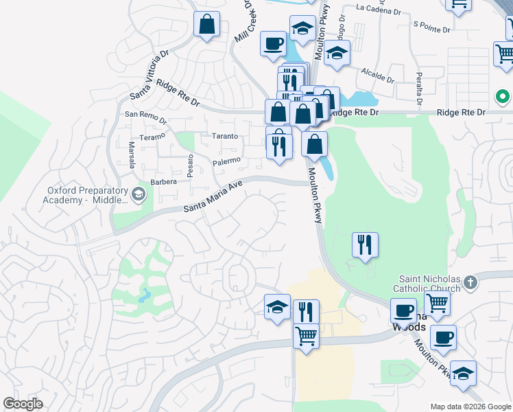 map of restaurants, bars, coffee shops, grocery stores, and more near 3120 Via Serena North in Laguna Woods