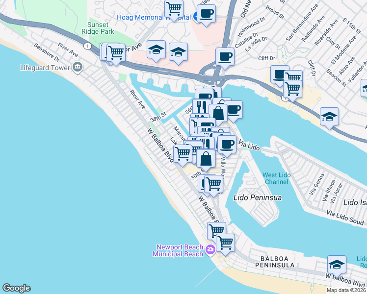 map of restaurants, bars, coffee shops, grocery stores, and more near in Newport Beach