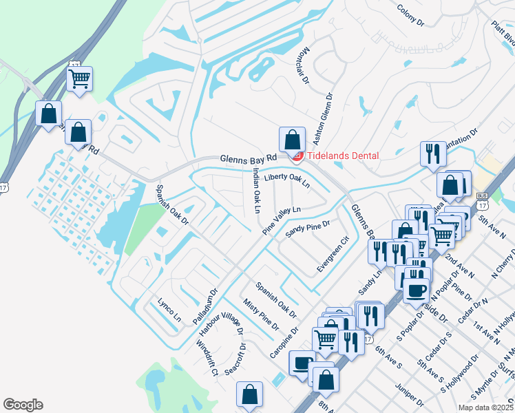 map of restaurants, bars, coffee shops, grocery stores, and more near 121 Coachman Lane in Myrtle Beach