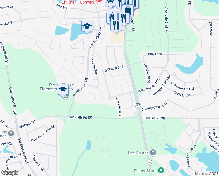map of restaurants, bars, coffee shops, grocery stores, and more near 2625 Country Trce Southeast in Conyers