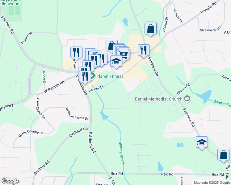 map of restaurants, bars, coffee shops, grocery stores, and more near 2017 Panola Road in Ellenwood
