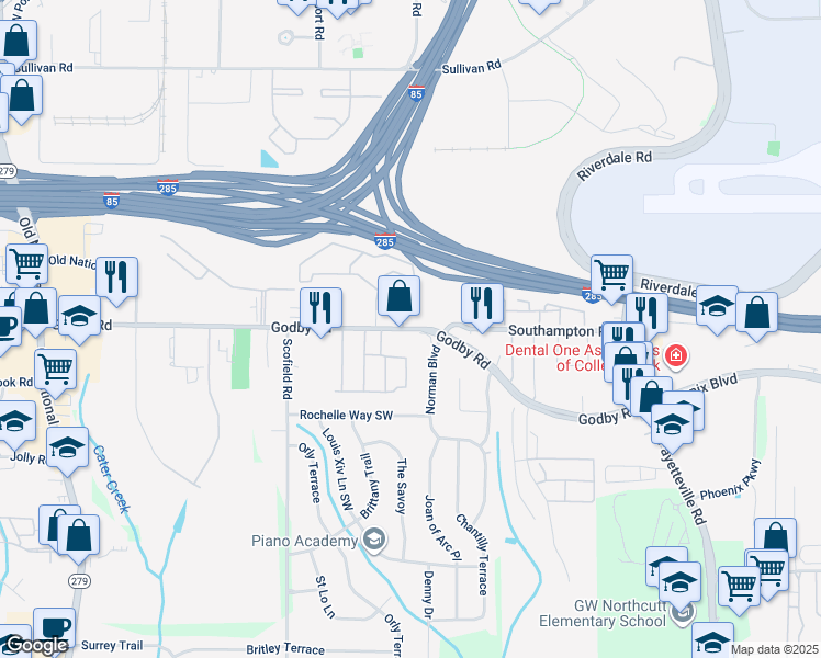 map of restaurants, bars, coffee shops, grocery stores, and more near 2106 Godby Road in Atlanta