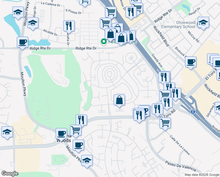 map of restaurants, bars, coffee shops, grocery stores, and more near 2177 Via Puerta in Laguna Woods