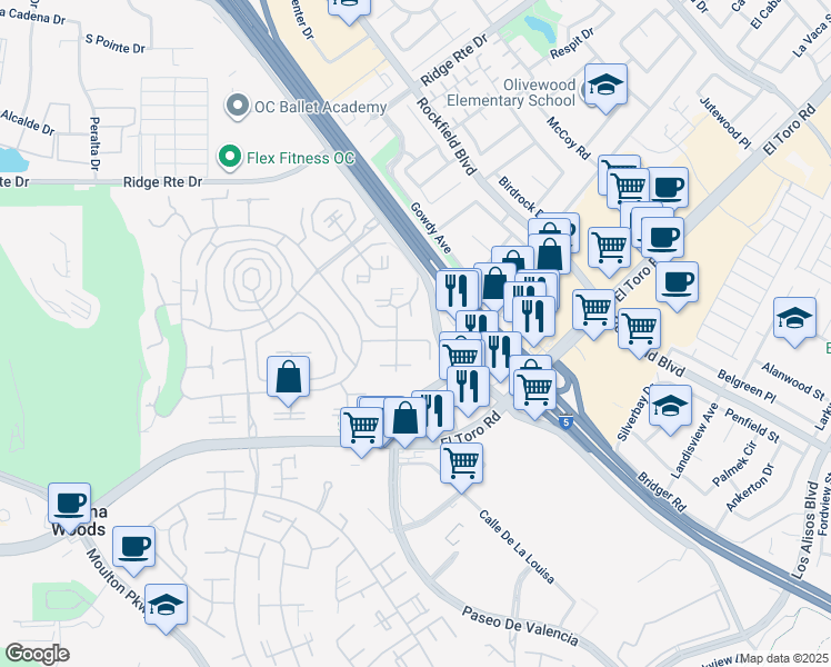 map of restaurants, bars, coffee shops, grocery stores, and more near 2153 Ronda Granada in Laguna Woods