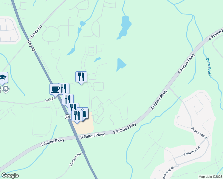 map of restaurants, bars, coffee shops, grocery stores, and more near 5165 Thompson Road in Fairburn