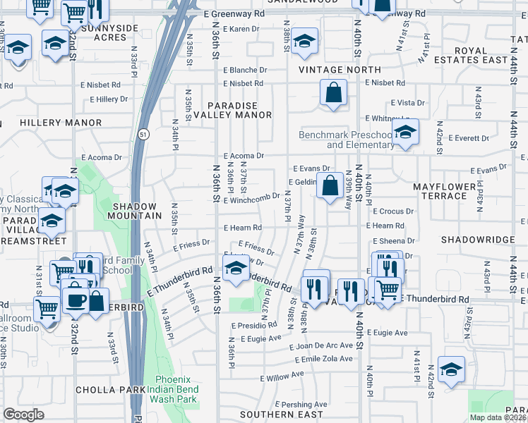 map of restaurants, bars, coffee shops, grocery stores, and more near 3721 East Winchcomb Drive in Phoenix