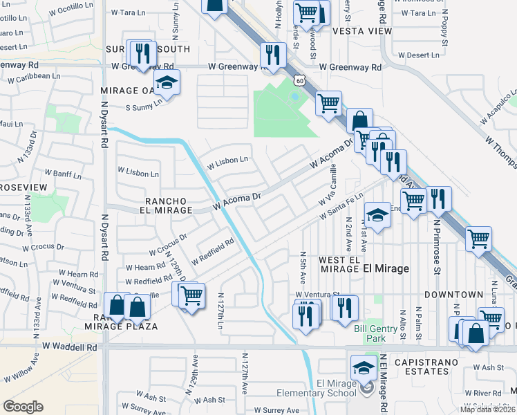 map of restaurants, bars, coffee shops, grocery stores, and more near 12521 West Hearn in El Mirage